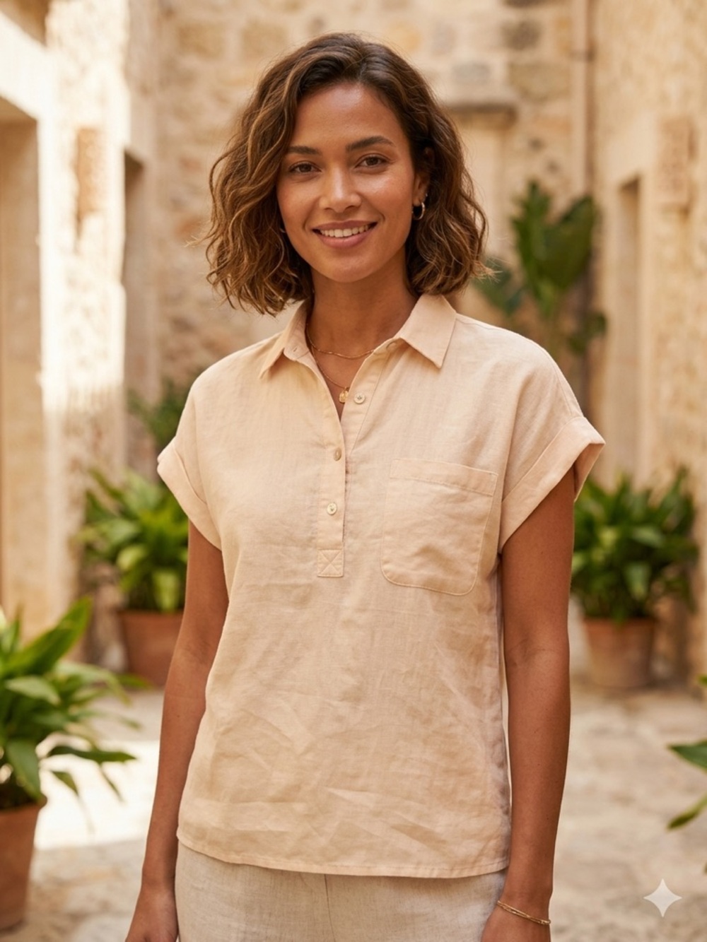 Mango | Short Sleeve Linen-Blend Shirt in Cream | Sz XXS